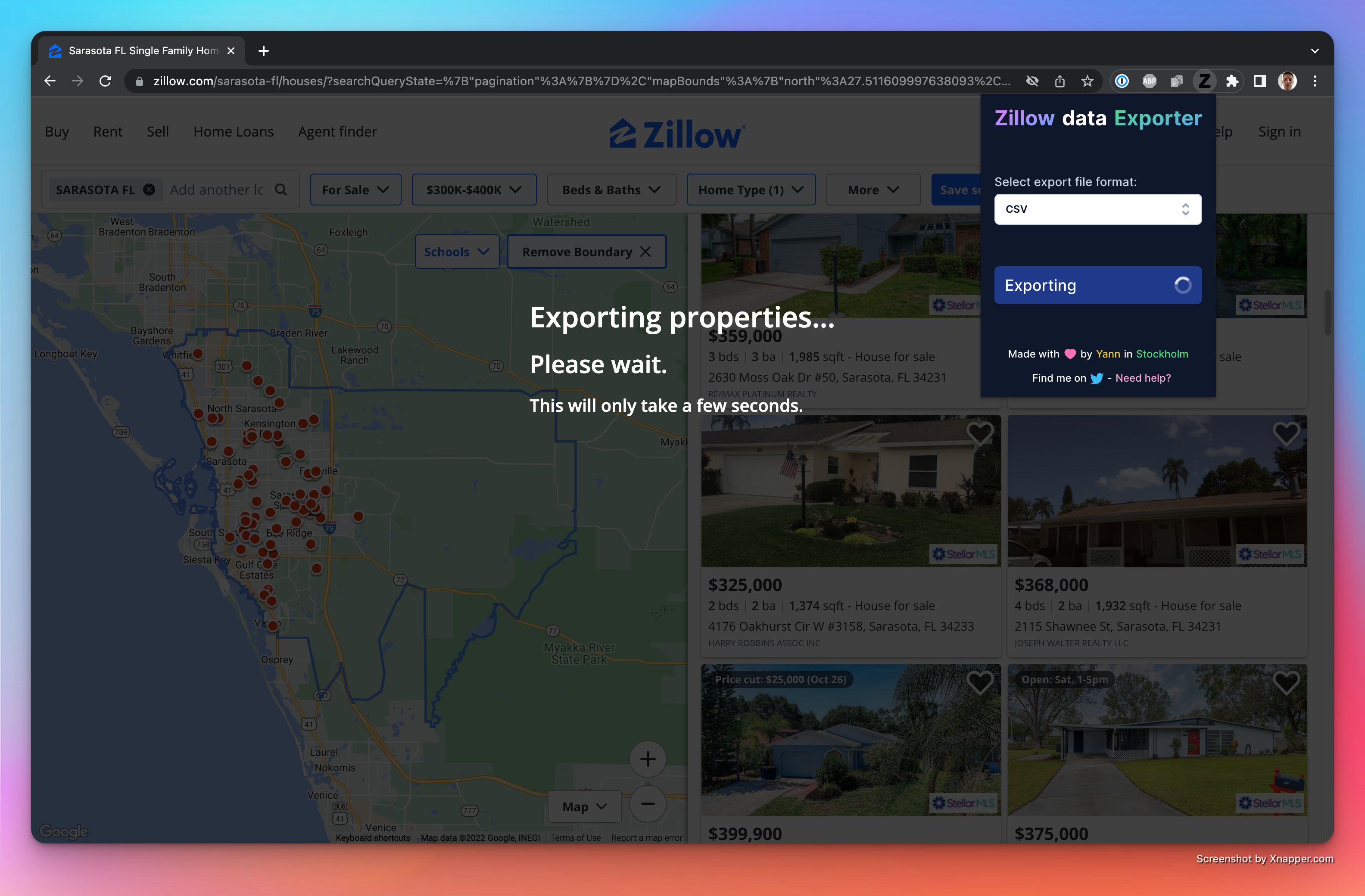 Image of Zillow Data Exporter Chrome extension with the Export properties button clicked