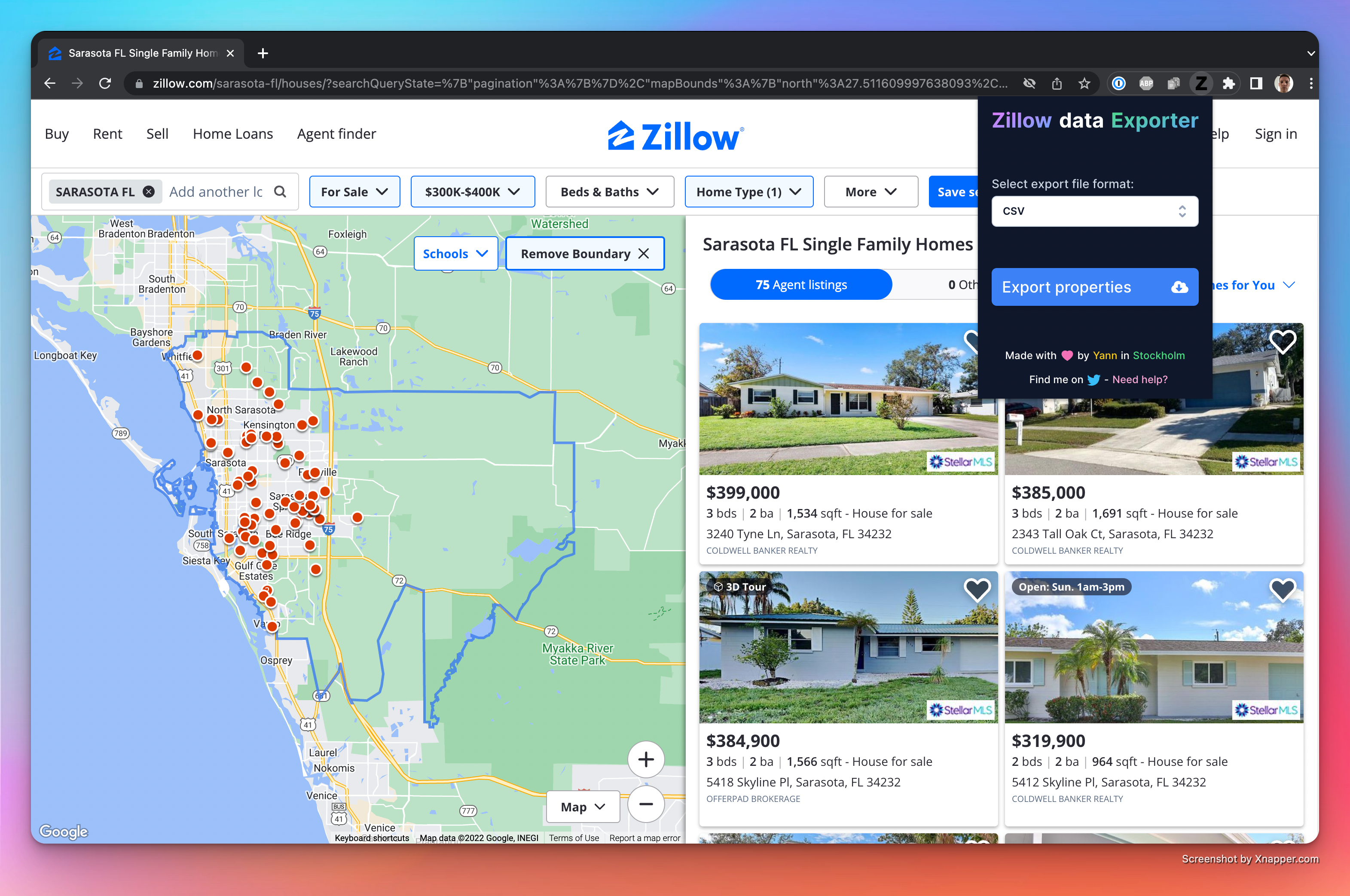 Image of Zillow Data Exporter Chrome extension with the CSV option selected
