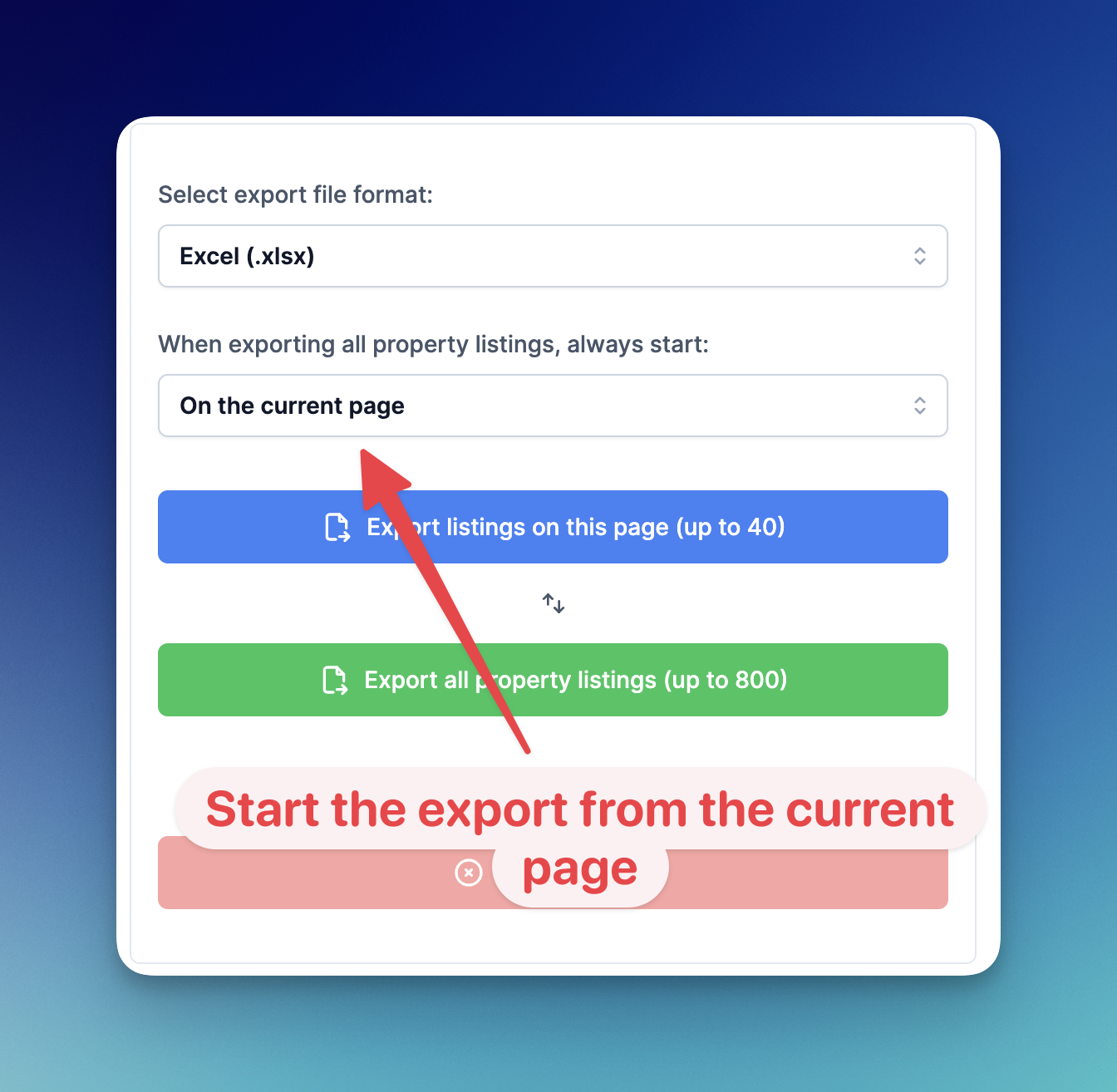 Dropdown menu with the option to export from the current page selected