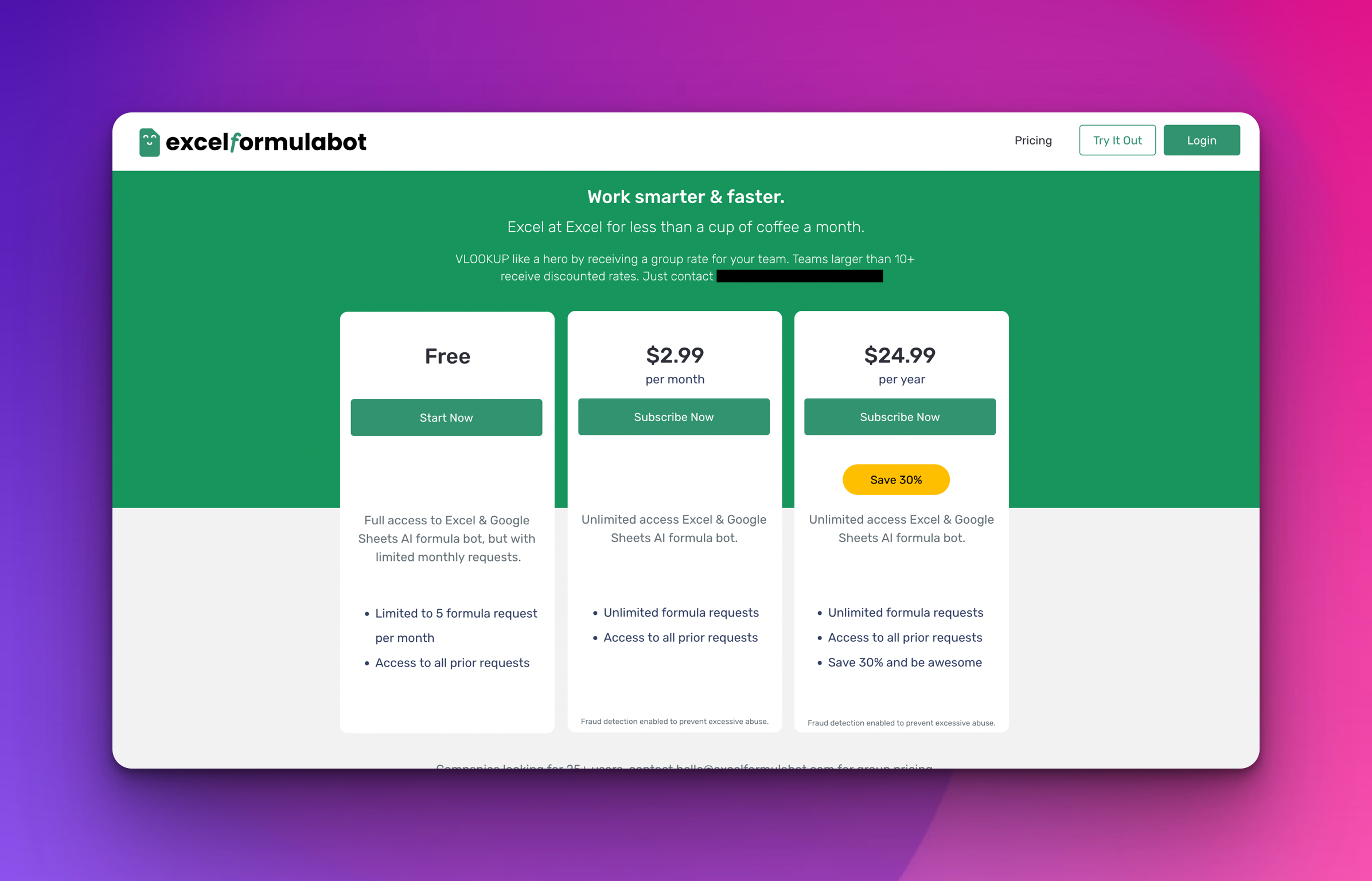 Image of Excelformulabot's pricing page
