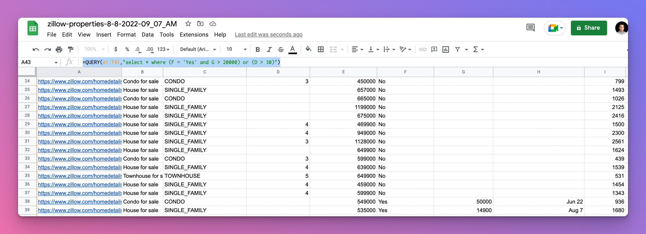 Image of query input in google sheets